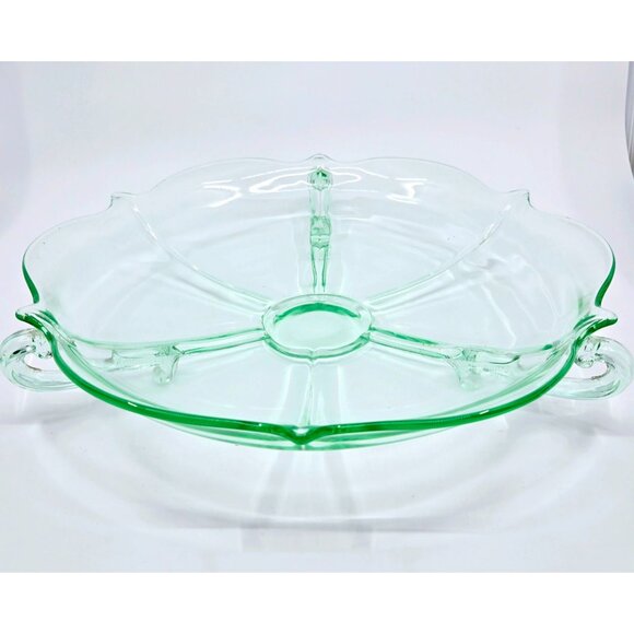 Large Depression Green Glass 13.5" Bowl/Platter Ornate Shape and Decorative Feet - Picture 2 of 8